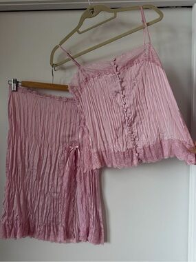 Pink Lace Trim Satin Camisole and Skirt Set